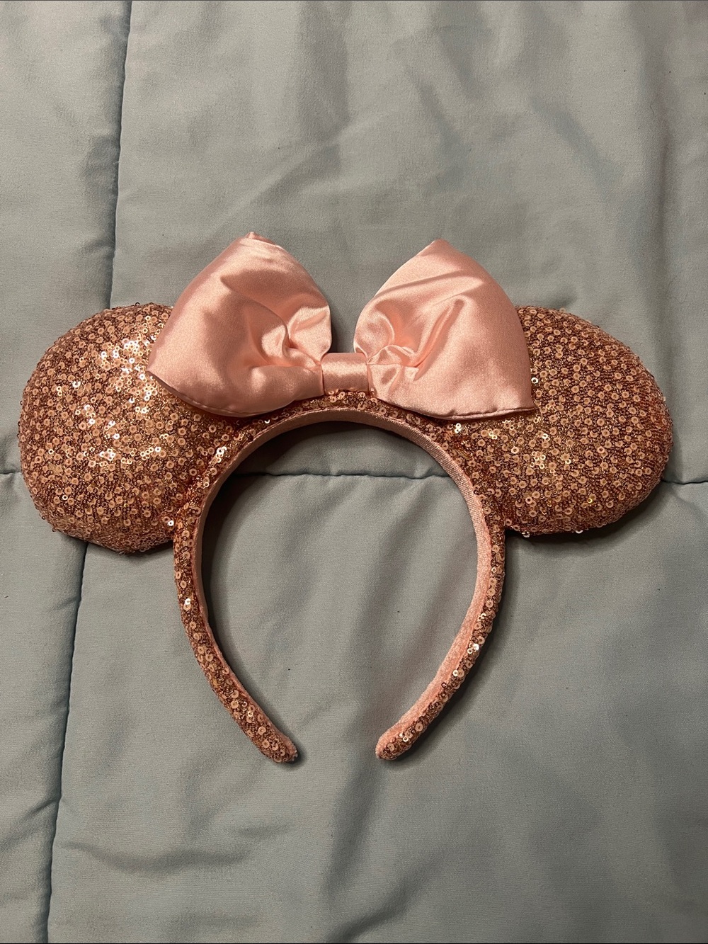 Disney Rose Gold Sequin Minnie Ears Headband with Pink Satin Bow